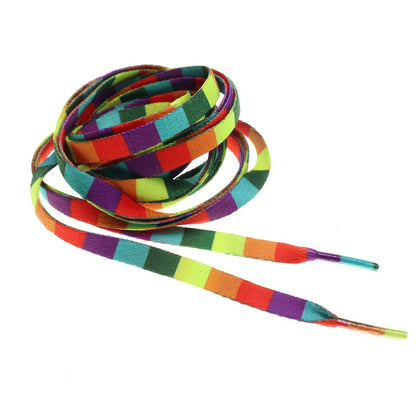 Pair of square rainbow gradient woven shoelaces, 0.8cm wide, lengths 80-200cm, fade-resistant for unisex shoes