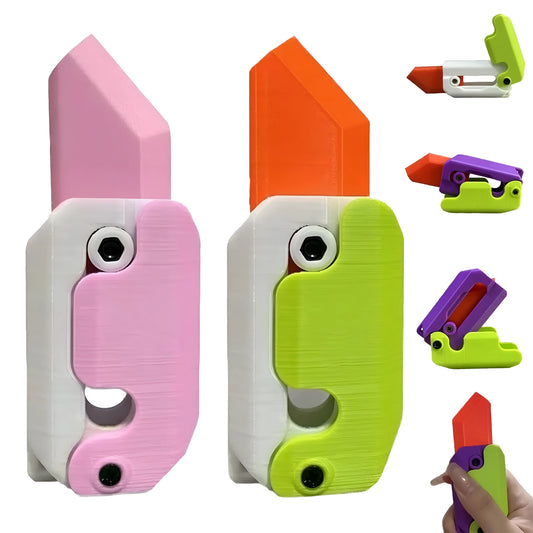 Small orange and green 3D printed plastic carrot knife fidget toy with blade extended.