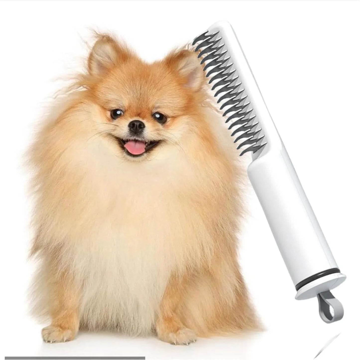 Stainless steel dog dematting comb with ergonomic handle, shown in pink colour on a white background.