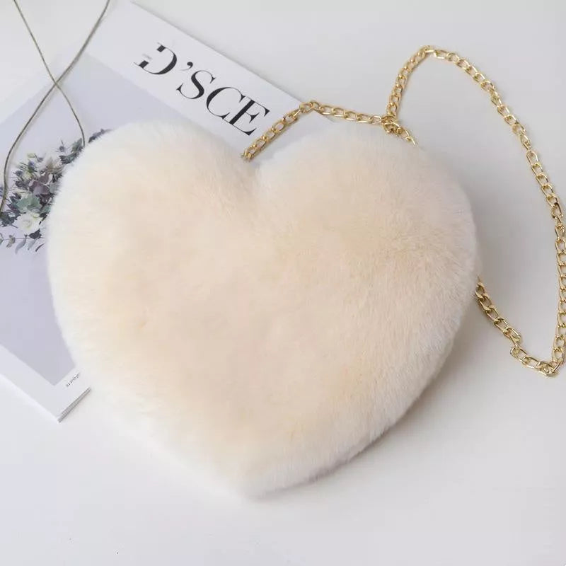 Women's plush chain shoulder bag with heart shape design in various colors