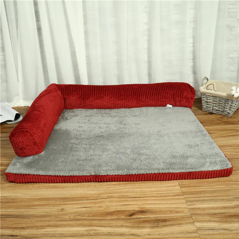 Corduroy pet sofa bed in red colour with high-density sponge padding and non-slip base