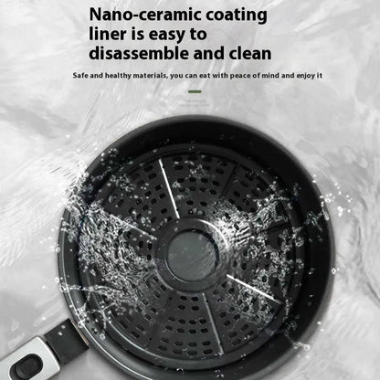 Air fryer oven with visible window, 8-litre capacity, nano-ceramic coating liner, and mechanical buttons on display