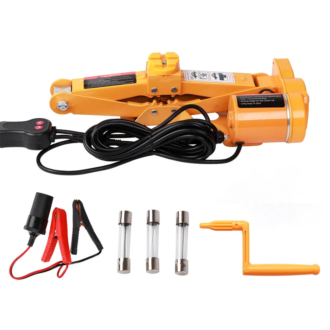 Electric hydraulic jack kit showing 120-350mm height adjustment and 2-ton lifting capacity for vehicle maintenance