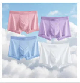 Men's ultra-thin ice silk boxer briefs in purple, shown flat to highlight seamless design.