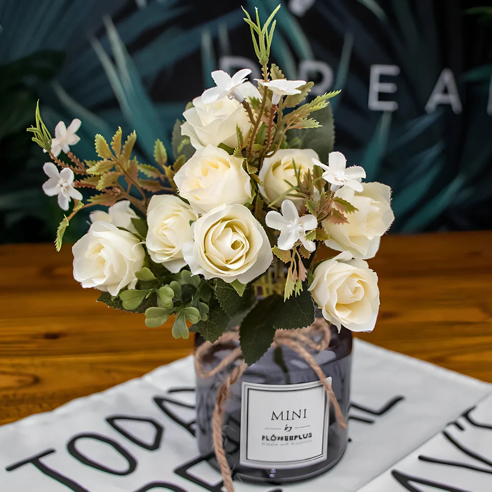 Artificial silk flower bouquet in seven colours with semi-manual construction