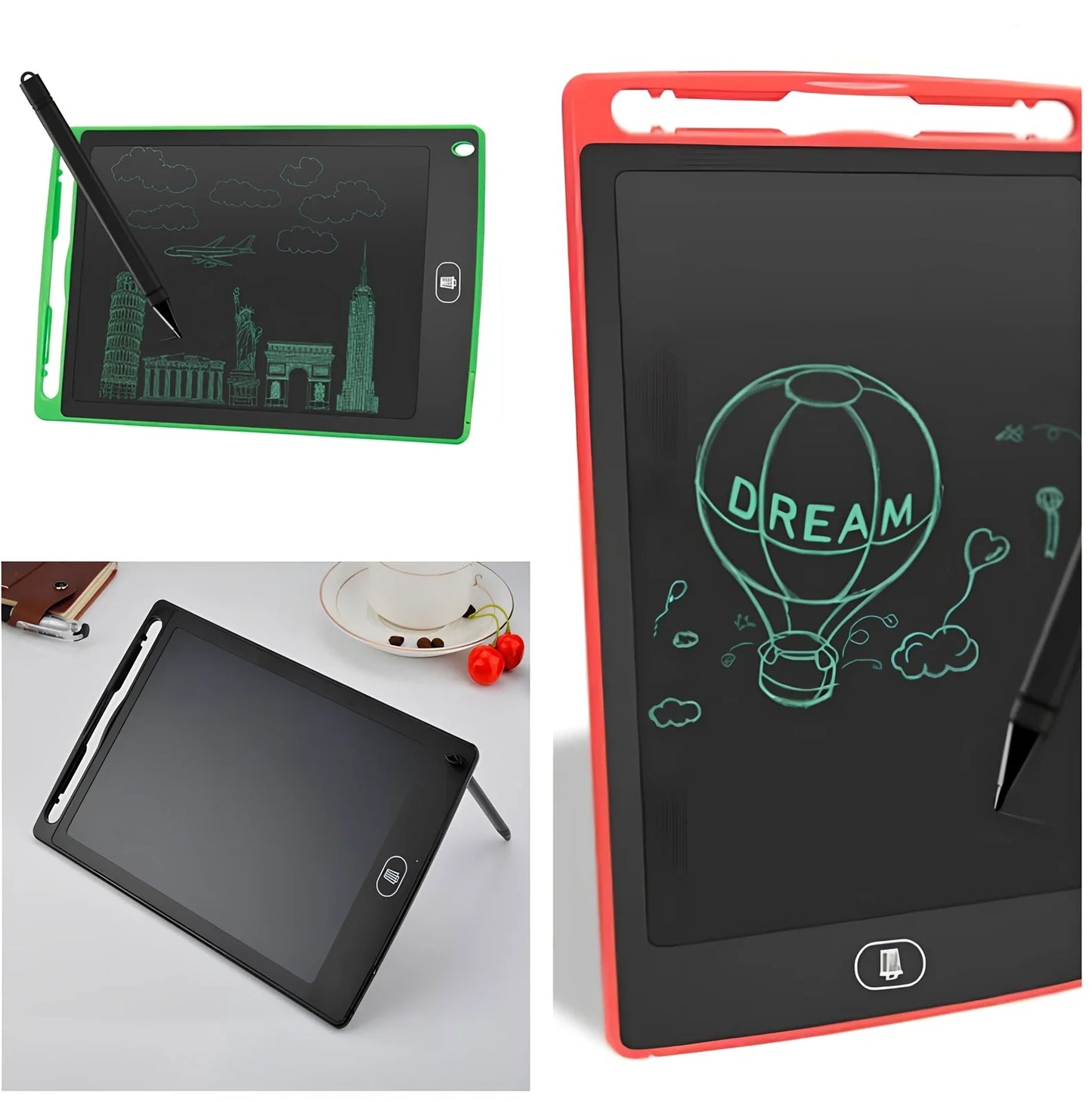 8.5-inch LCD writing board with stylus showing pressure-sensitive writing on blue background