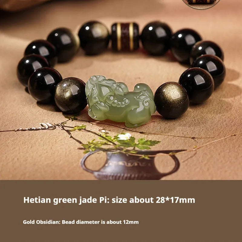 Traditional Chinese Hetian jade bracelet with black and red adjustable ropes and jade beads
