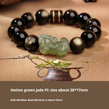 Traditional Chinese Hetian jade bracelet with black and red adjustable ropes and jade beads