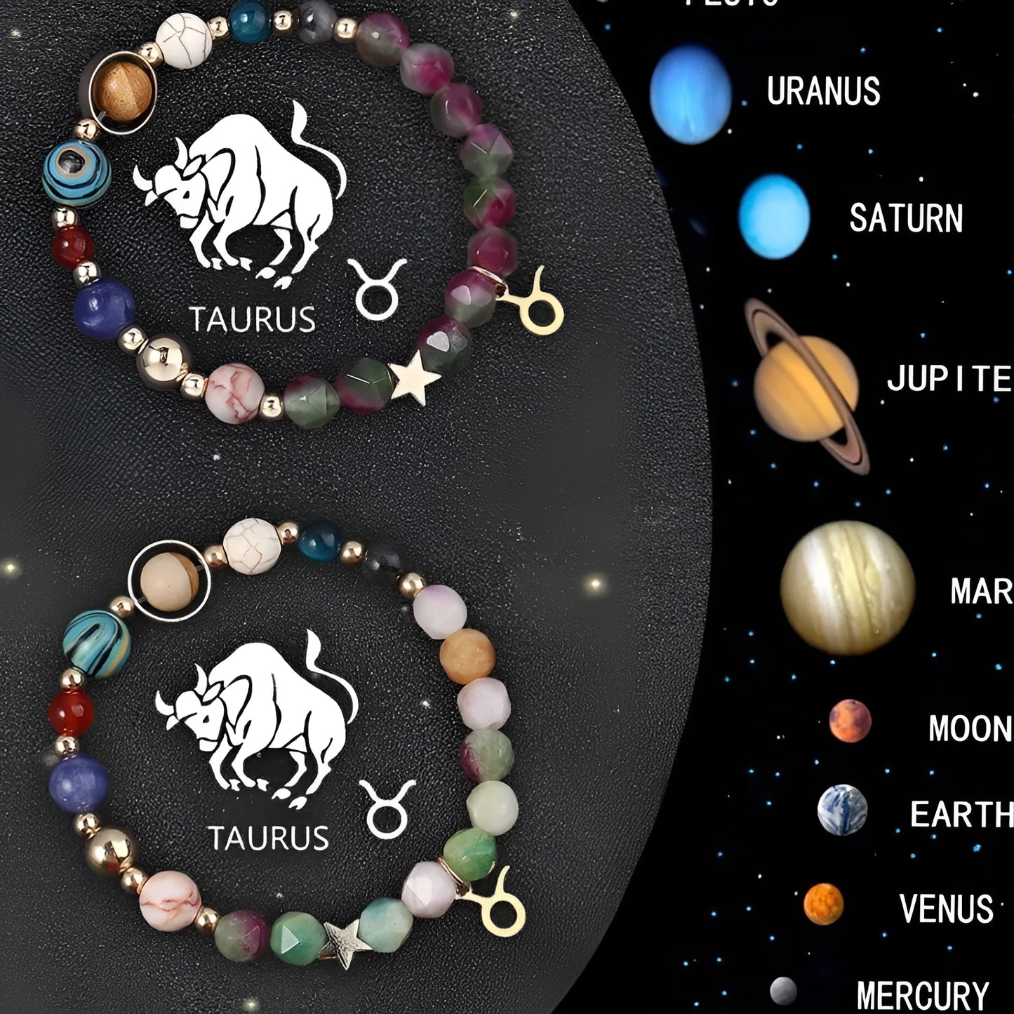 Two natural stone beaded bracelets with zodiac sign charms on adjustable knotted cords