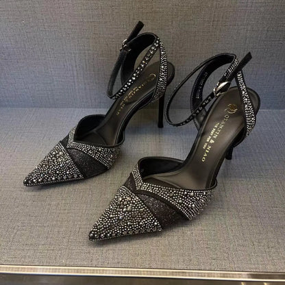 Women's hollow high heels with red sole, stiletto heel, and pointed toe in silver or black colours