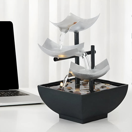 Desktop water fountain ornament with flowing water feature in JR001 colour, alloy and plastic construction