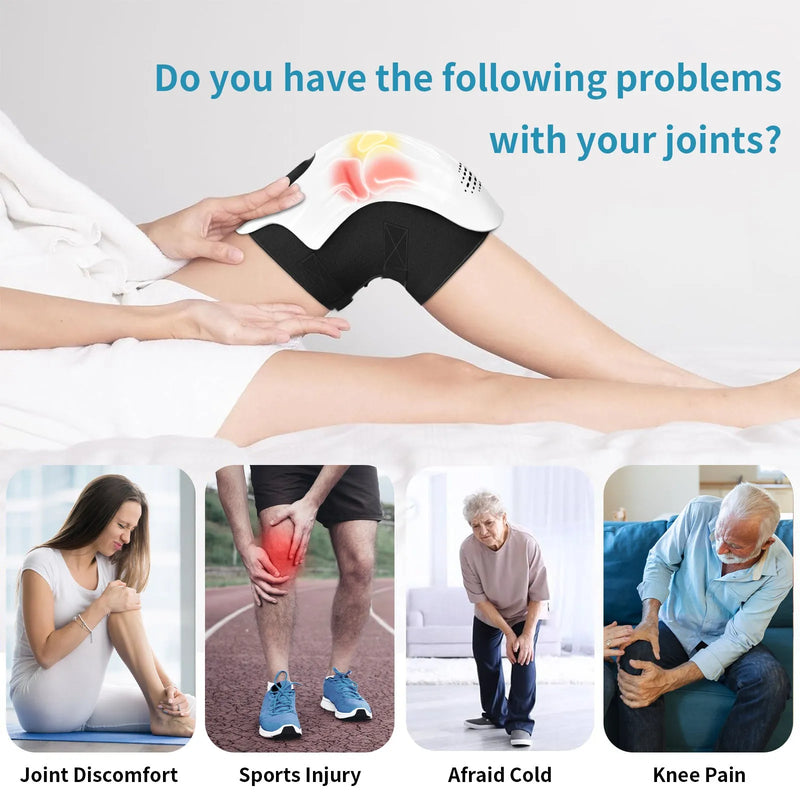 Electric knee massager for home use with intelligent kneading, heating, infrared laser and vibration therapy, rechargeable via USB cable in white or wood colour options, designed for pain relief and muscle relaxation