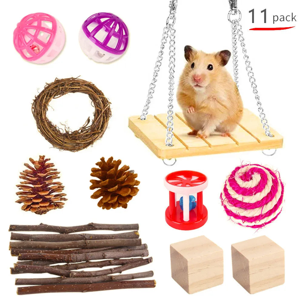 Assortment of wooden and natural fibre chew toys for small pets including balls, rings and woven shapes.