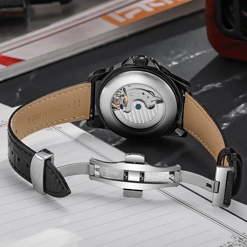 Men's automatic watch with luminous hands, 13mm thickness, available in black or white steel and leather strap options