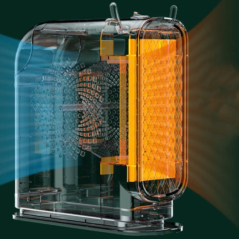 Compact desktop heater in white, green, or yellow with dual-speed control for small spaces