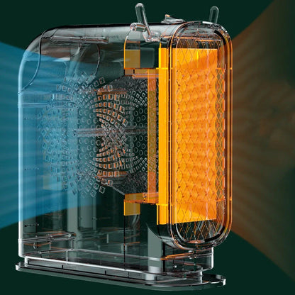 Compact desktop heater in white, green, or yellow with dual-speed control for small spaces