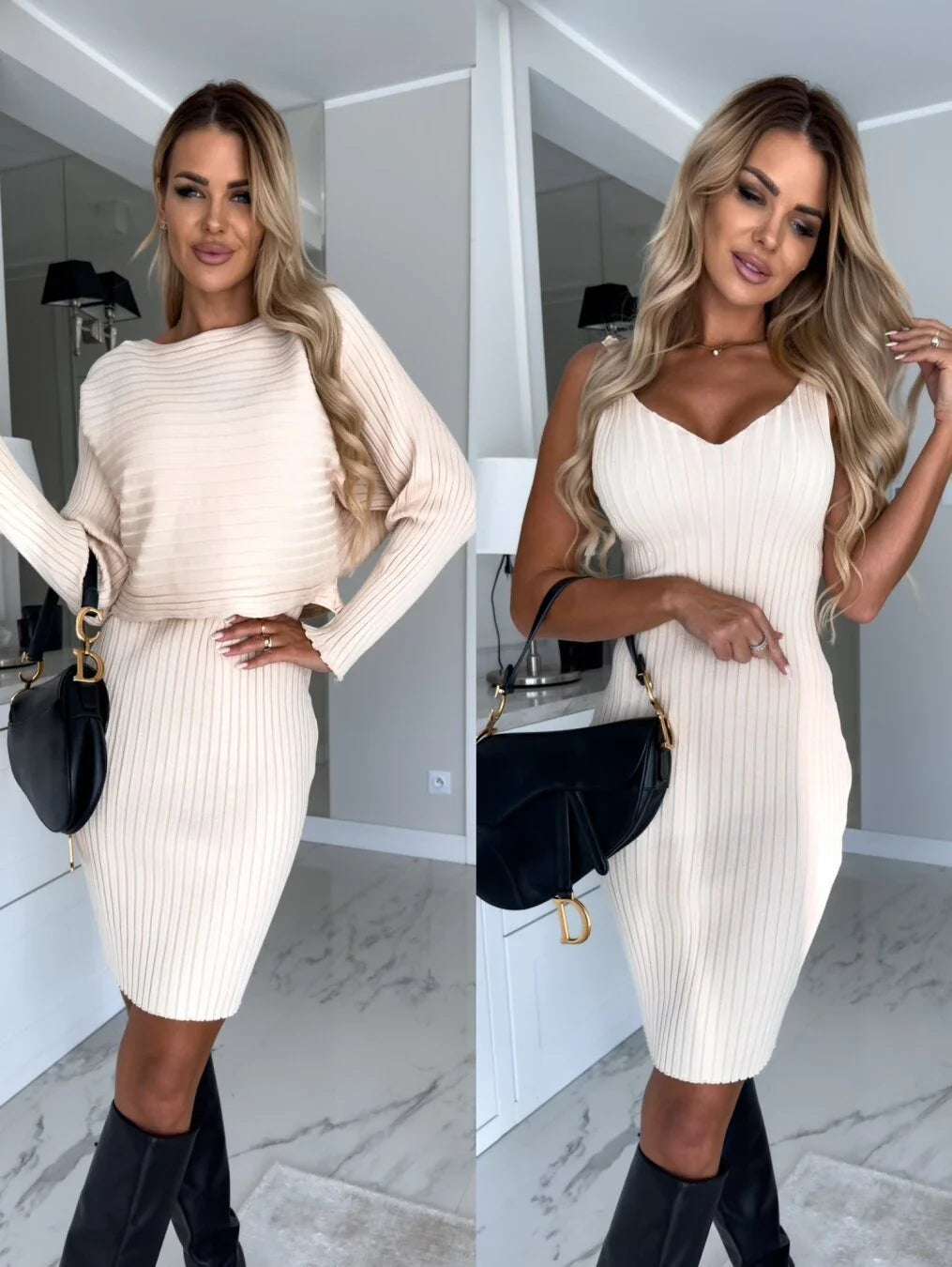A stylish two-piece outfit featuring a long-sleeved striped top and a flattering suspender skirt in various colors