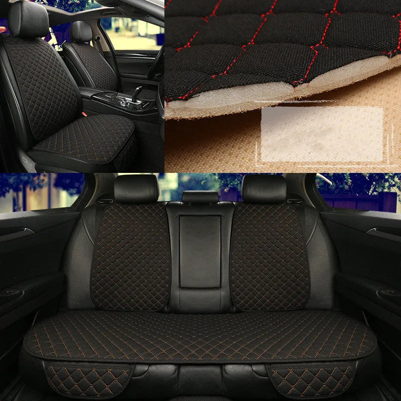Flax linen car seat cover protector in beige, black, red and brown, with cushion and five-seat style options.