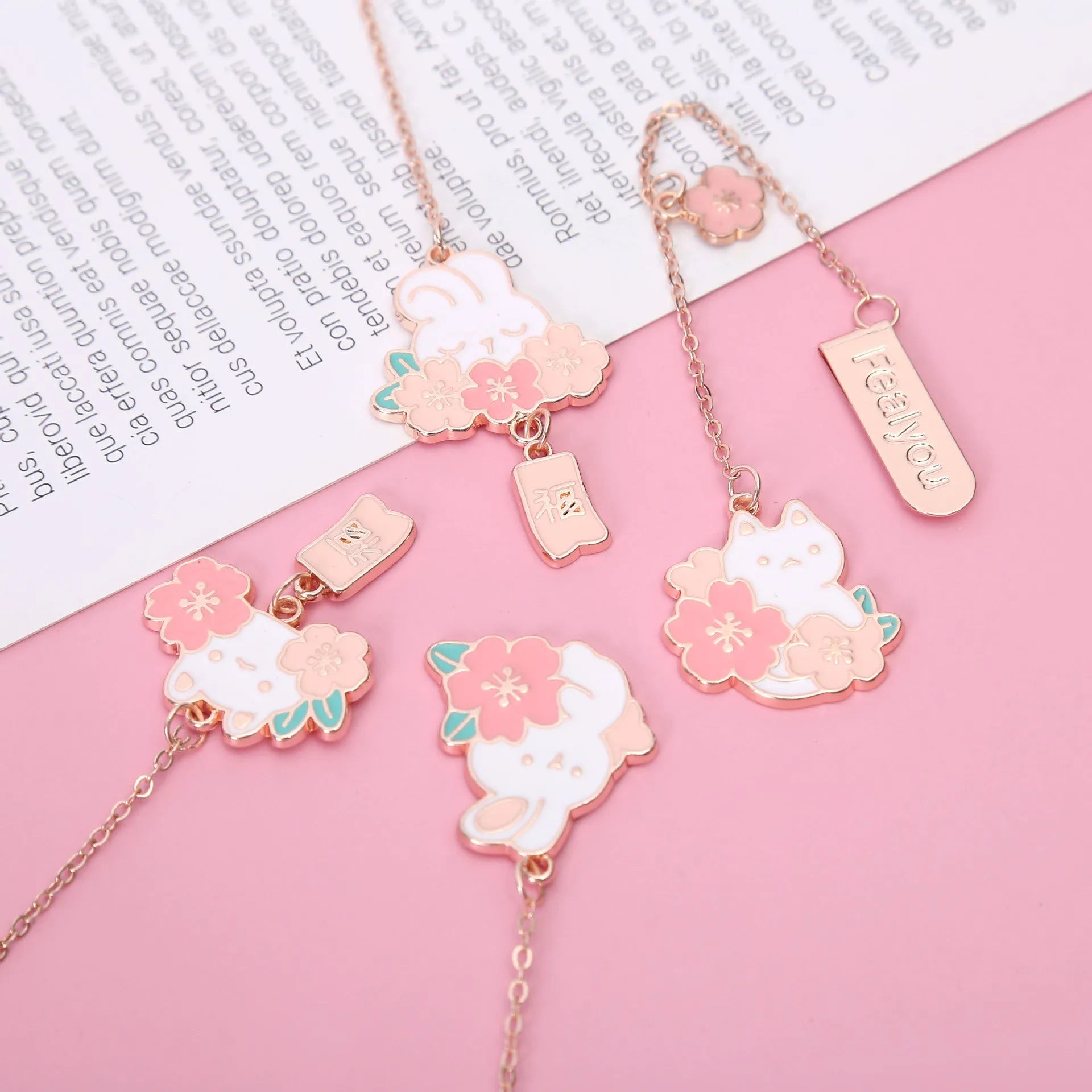 Metal bookmark pendant with cherry blossom cartoon cat design for journal decoration