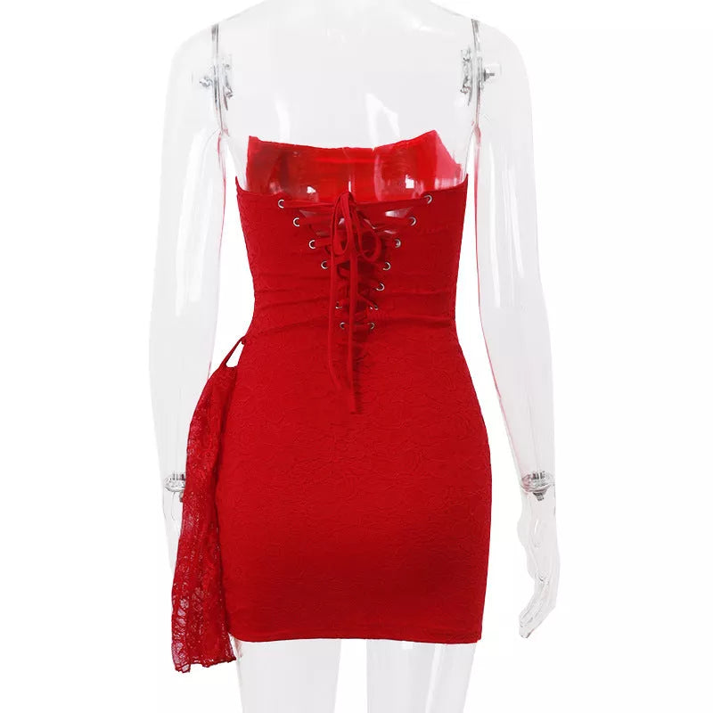 Strapless lace dress with back lace-up design in white, red, and black