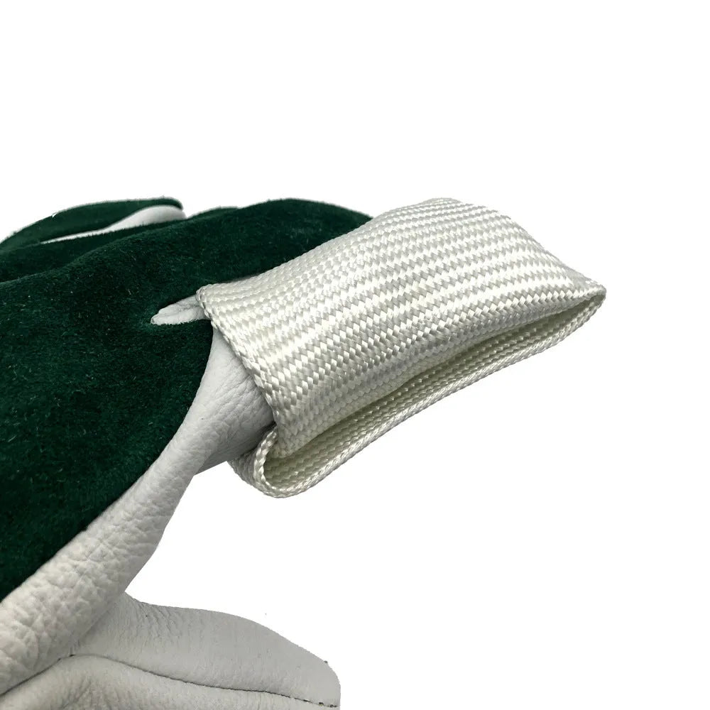 Glass fiber TIG welder finger cots with fiberglass lining, anti-scalding, in Large XL and Small L sizes.