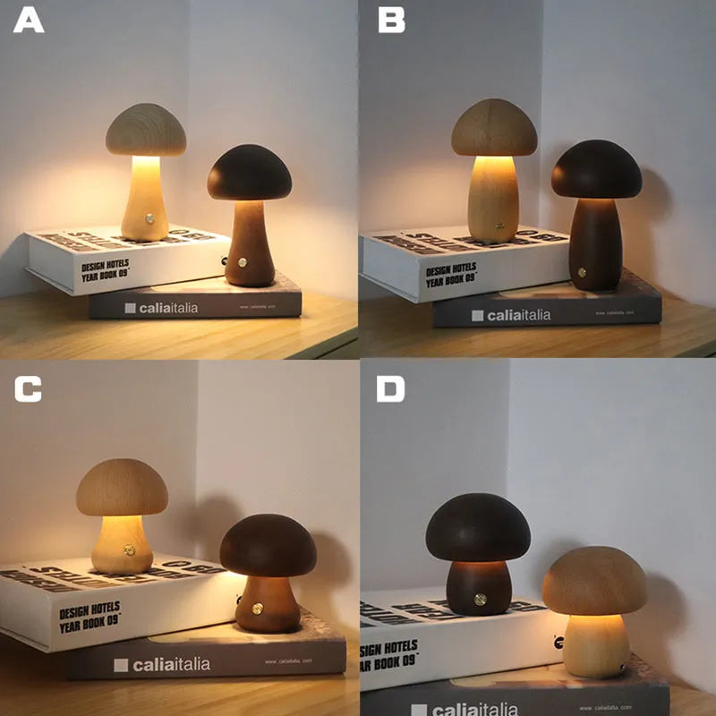 Wooden mushroom LED night light with touch switch, 165 x 100mm, in beech or walnut colour for bedside table use