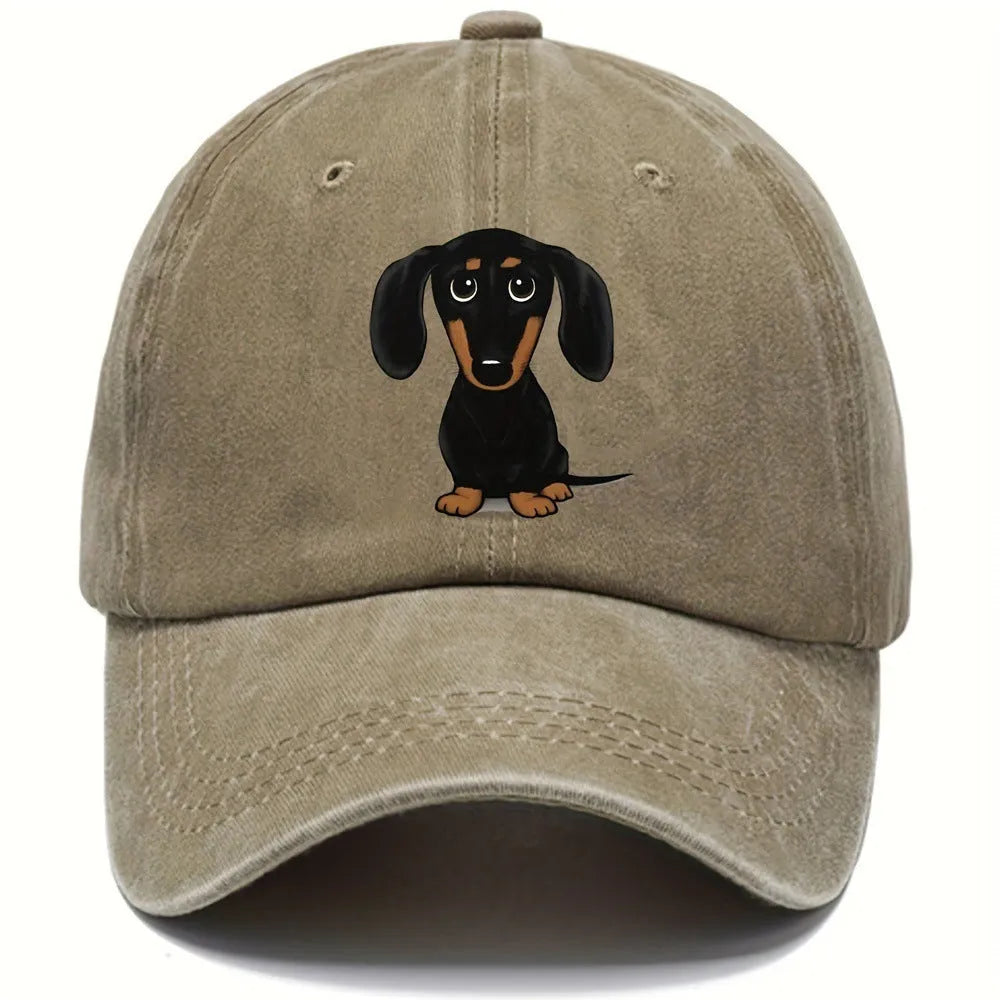 Retro washed cotton baseball cap with Dachshund embroidery, dome crown, and adjustable size tab.