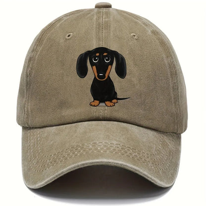 Retro washed cotton baseball cap with Dachshund embroidery, dome crown, and adjustable size tab.