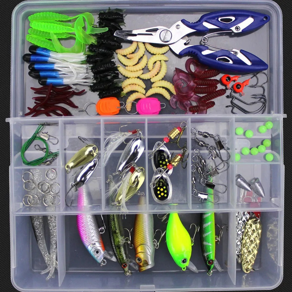 Junior fishing lure suit set in PP plastic box with multiple bait designs including thunder frog lures
