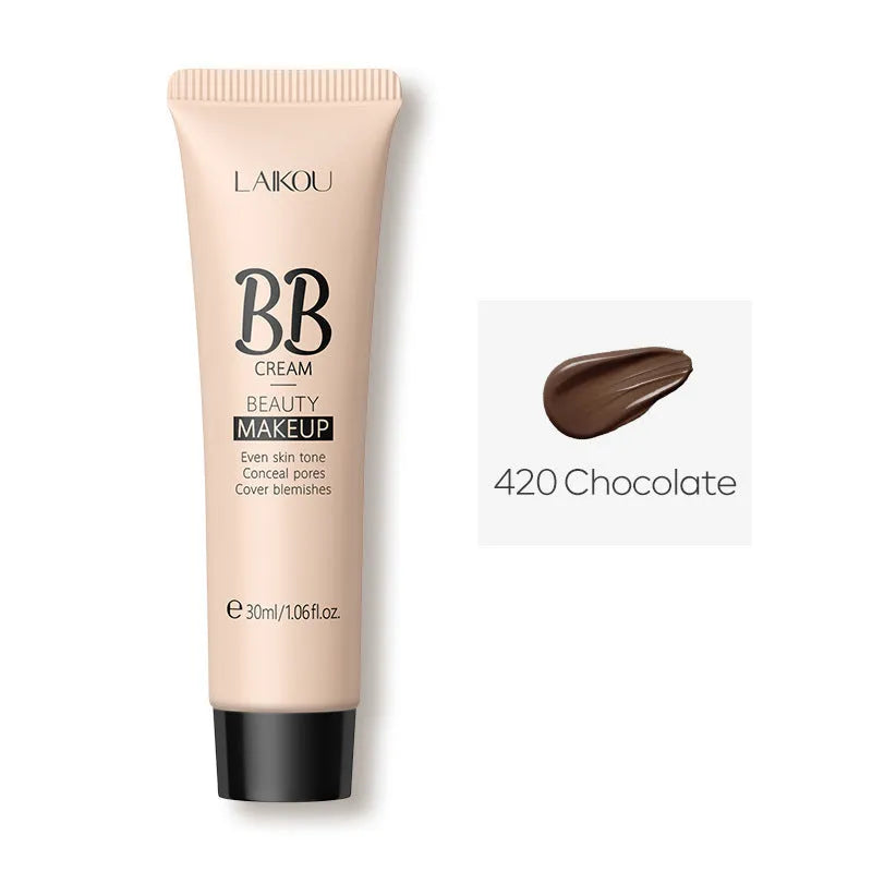 30ml tube of natural BB cream showing nine available shade colours from light to dark