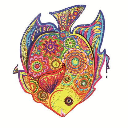 Wooden jigsaw puzzle with colourful elephant and turtle shaped pieces in A3, A4, A5 sizes