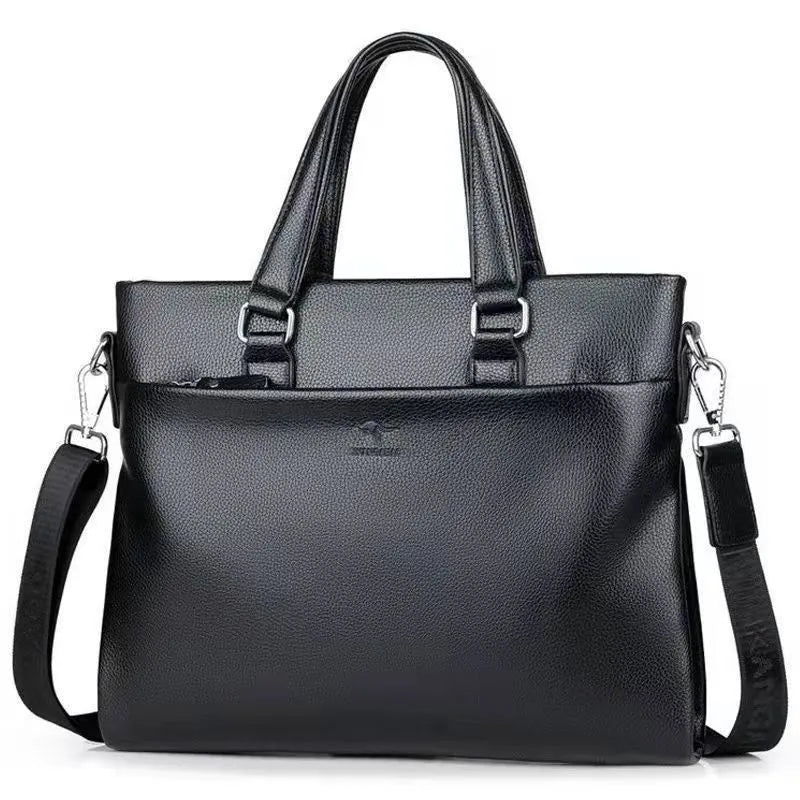 Men's black and brown PU leather shoulder messenger bag with splicing design, shown with crossbody strap.