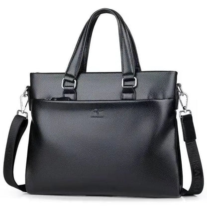 Men's black and brown PU leather shoulder messenger bag with splicing design, shown with crossbody strap.