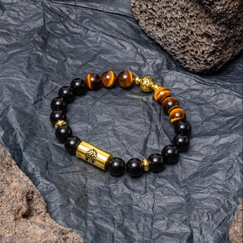 Black and white Qiankun bodhi seed ethnic bracelet with geometric shapes on wrist