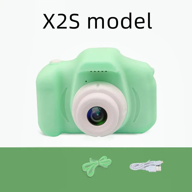 Colourful kids digital camera with silicone case showing 2-inch screen and lens.