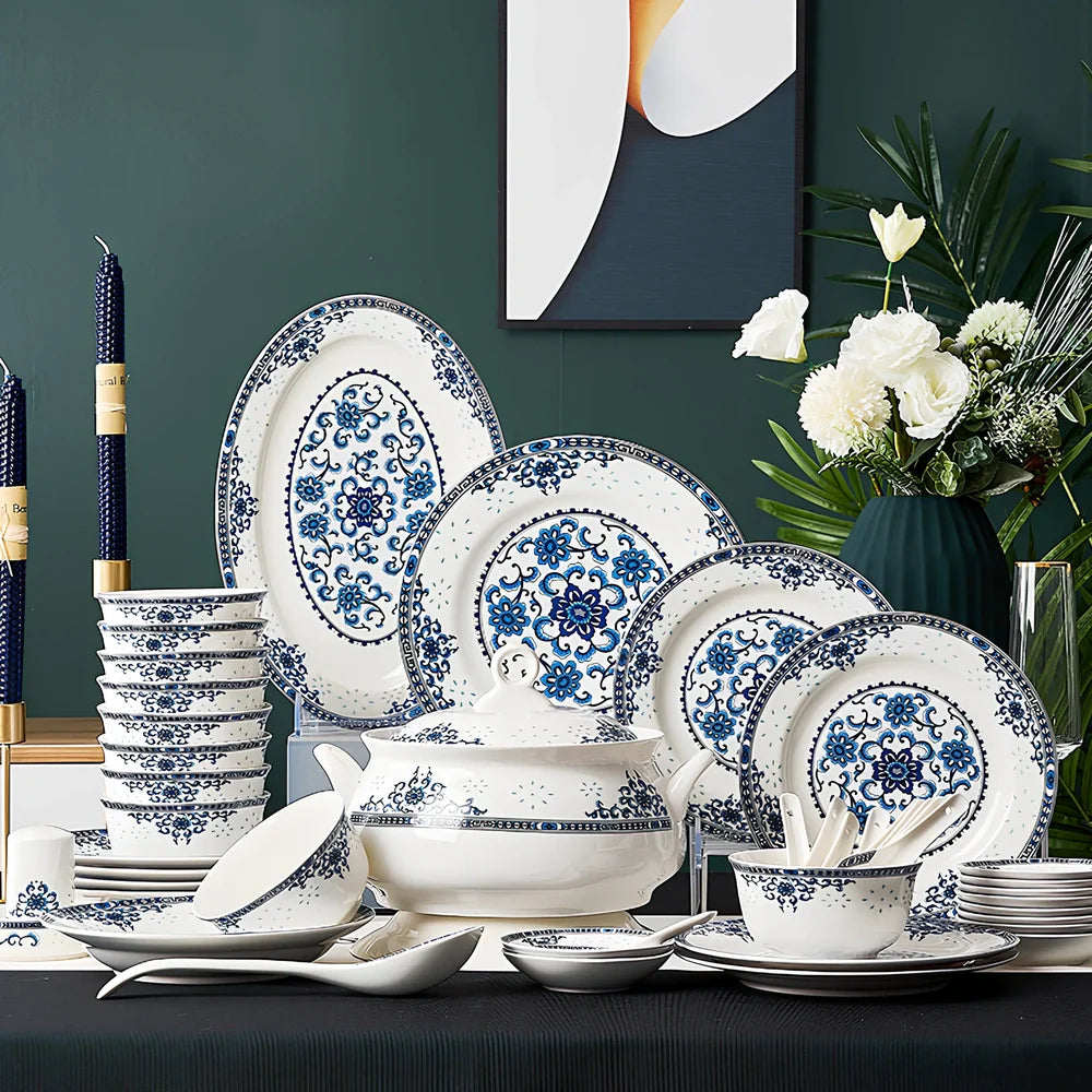 Bone china bowl and saucer set with overglaze rim patterns in Swan Lake design, 28-head configuration