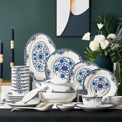 Bone china bowl and saucer set with overglaze rim patterns in Swan Lake design, 28-head configuration