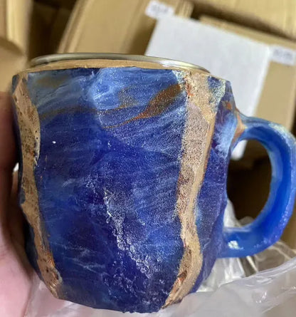 400ml resin mineral crystal coffee mug with handle in assorted colours including purple, blue, and pink.