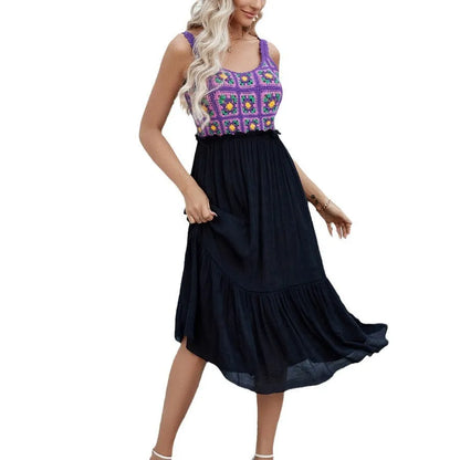Purple sleeveless dress with hand-hooked flower stitching pattern, cotton blend fabric with polyester lining