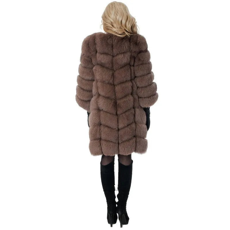 Women's thick warm fur coat in artificial fabric, 80cm length, available in five colours including black and apricot
