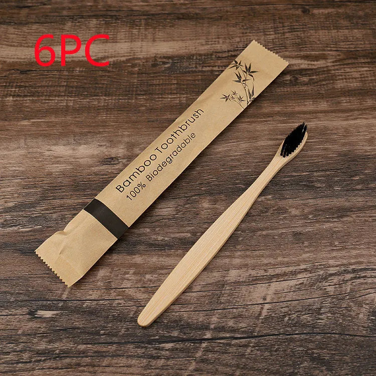 10 bamboo toothbrushes with charcoal bristles in multiple colours including green, purple, yellow, white, grey and black