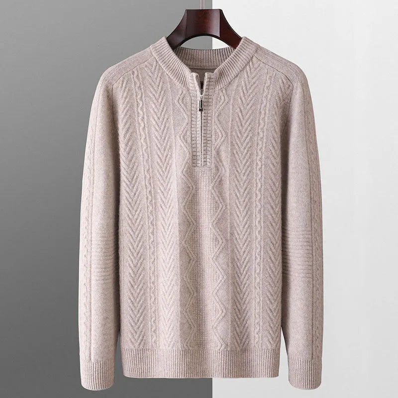Men's diamond lattice pattern wool sweater with half zipper in dark blue colour