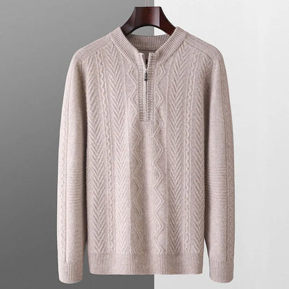 Men's diamond lattice pattern wool sweater with half zipper in dark blue colour