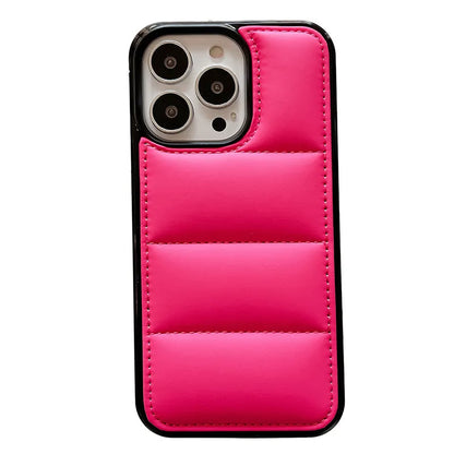 Candy down jacket textured shape phone case in solid colours for iPhone models.