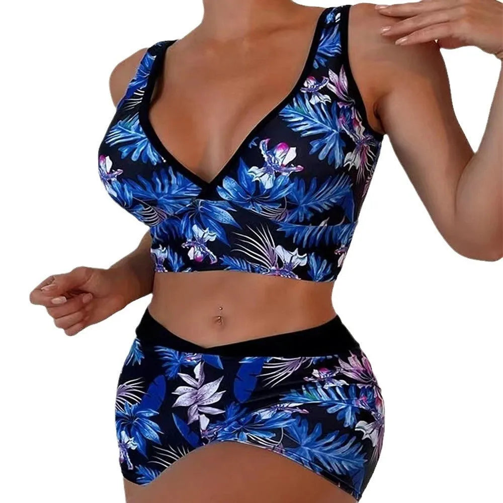 Women's two-piece printed swimsuit set with boxer-style briefs and sleeveless top in multi-colour pattern