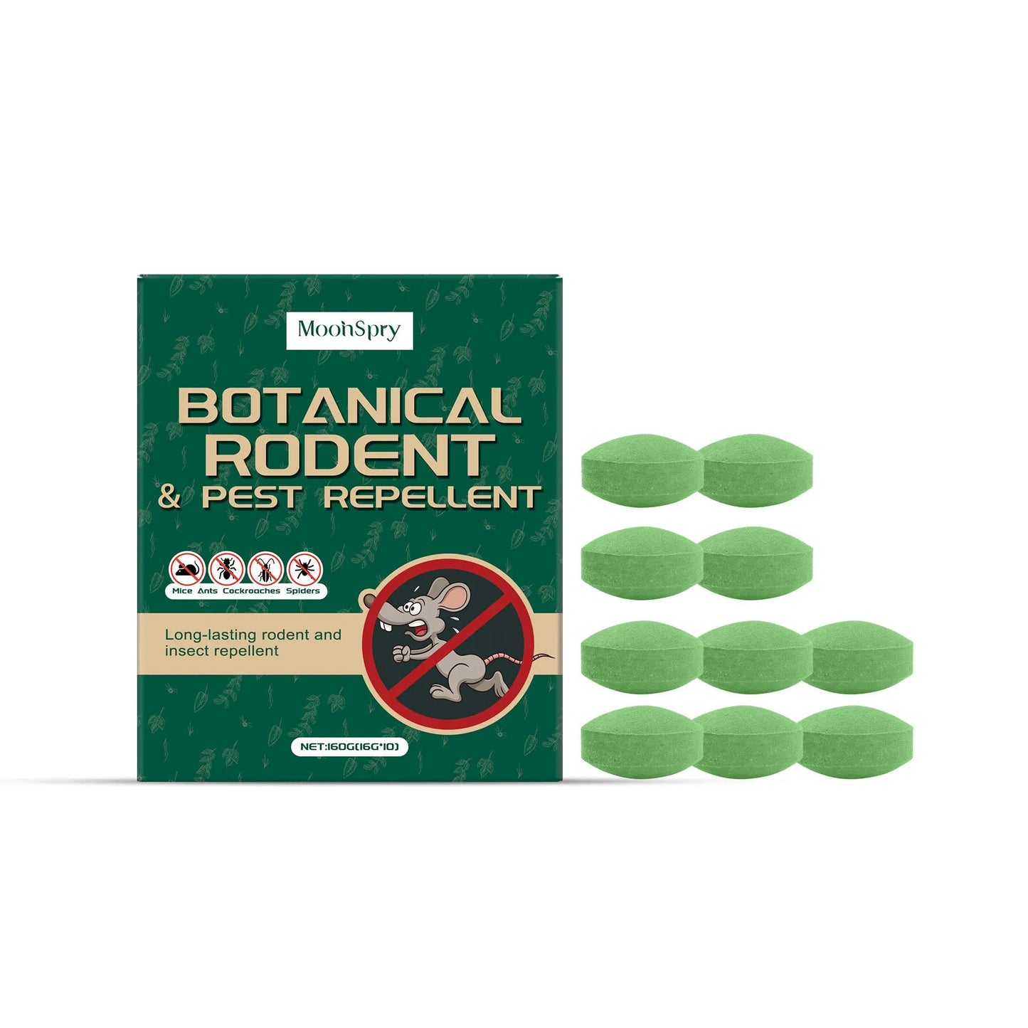 Ten grey animal repellent pills and three white mesh bags for warehouse and household pest control.