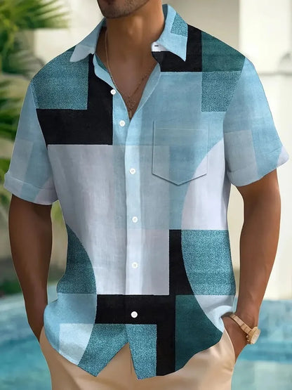 Man wearing a loose-fit short sleeve cardigan shirt with a retro geometric square pattern in contrasting colours.