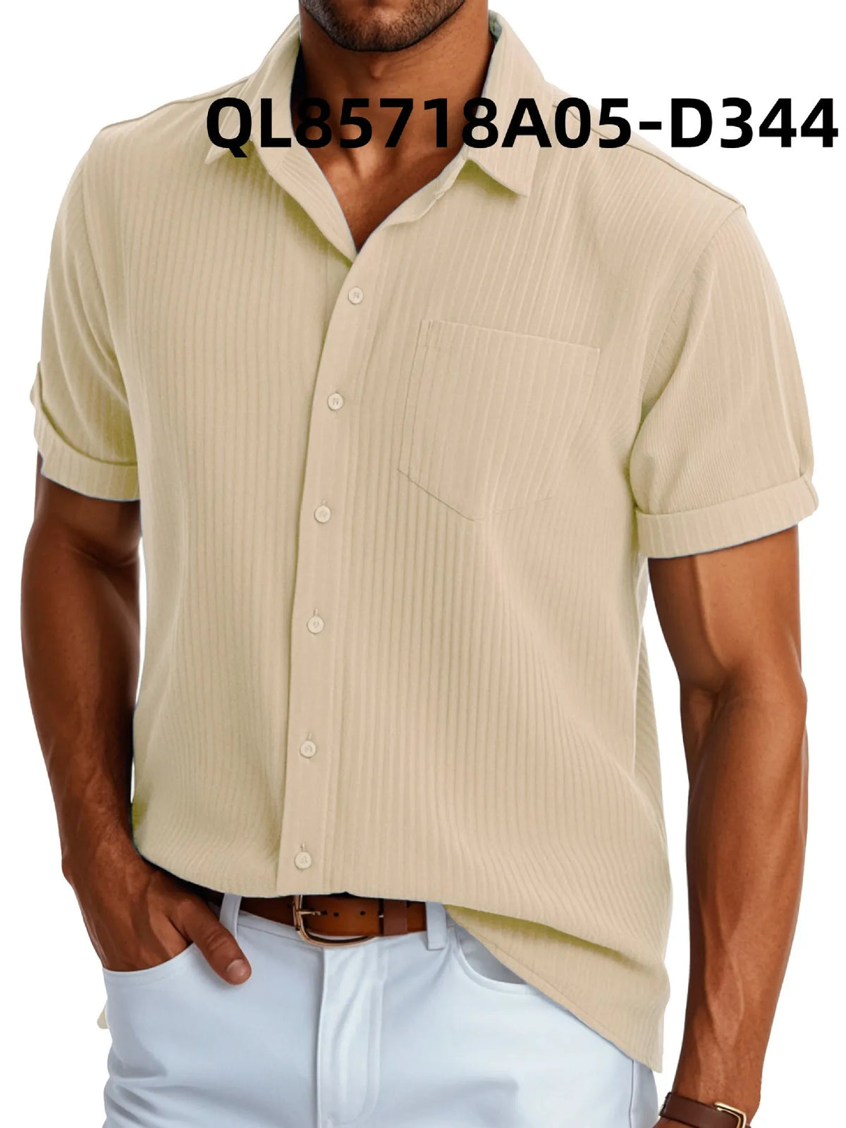 Man wearing a loose fit printed short sleeve lapel shirt in a casual setting