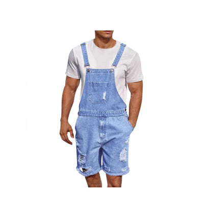 Men's dark blue denim suspender shorts with a straight leg and mid-waist fit on a hanger.