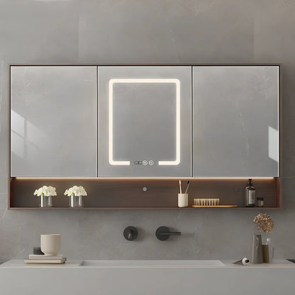 Wall-mounted bathroom mirror cabinet with LED lights and anti-fog technology in solid wood construction